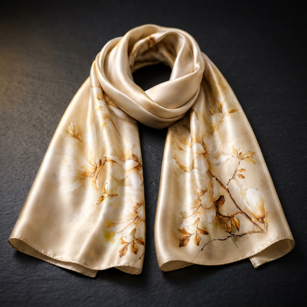 Champagne Blossom cream and gold floral mulberry silk scarf 55 x 175 cm on dark slate, LIVLOKO LONDON