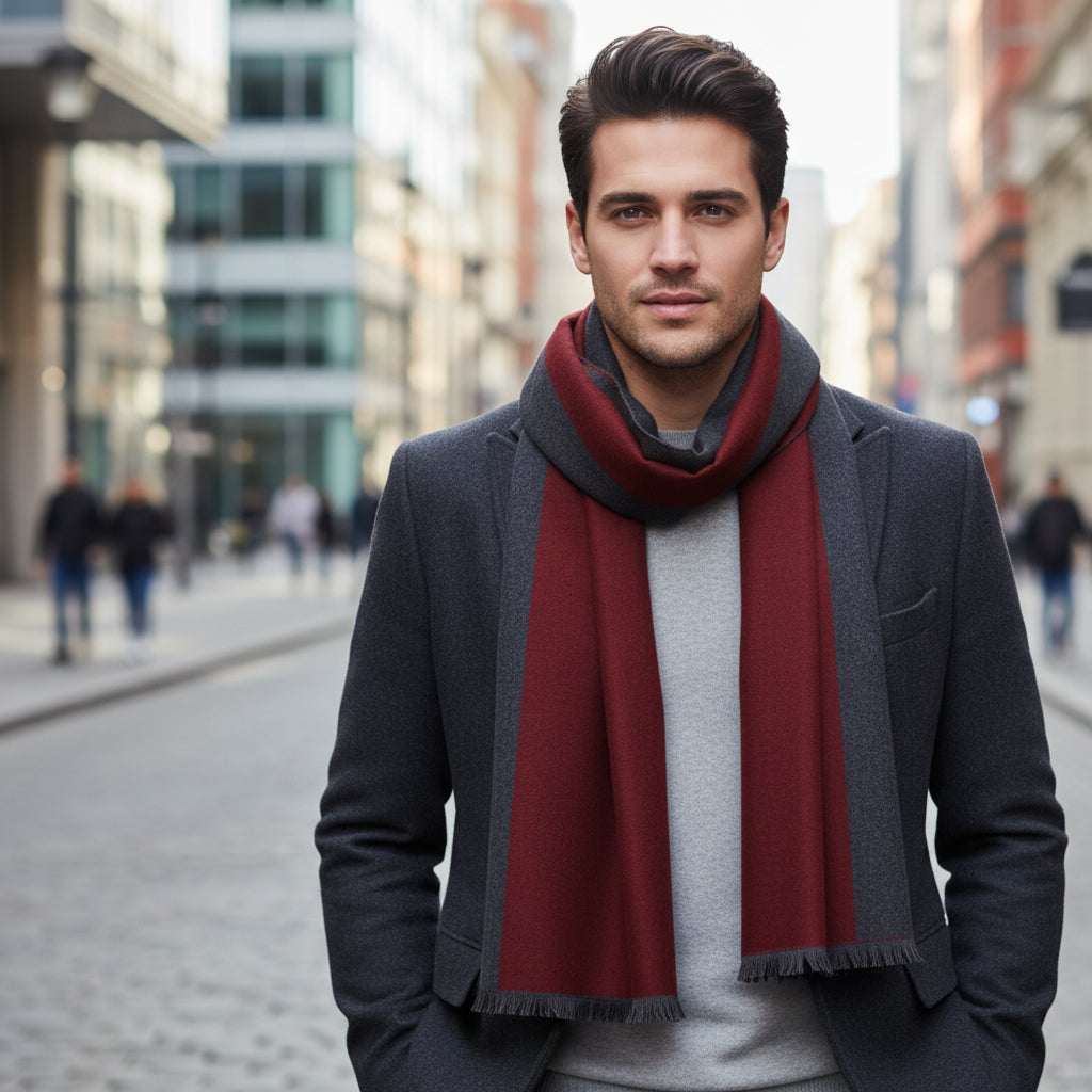 Men's Striped Wool Scarf Maroon Grey