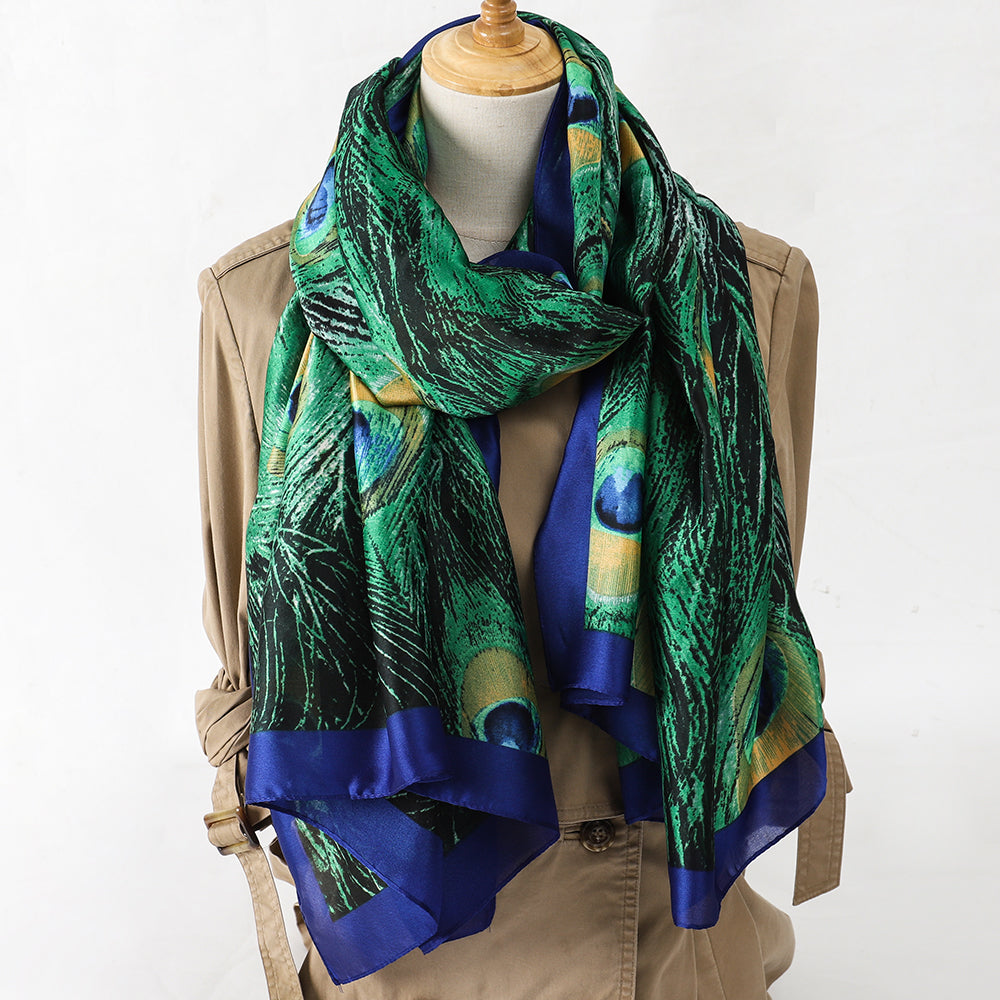 Vibrant Peacock Feather Satin Scarf