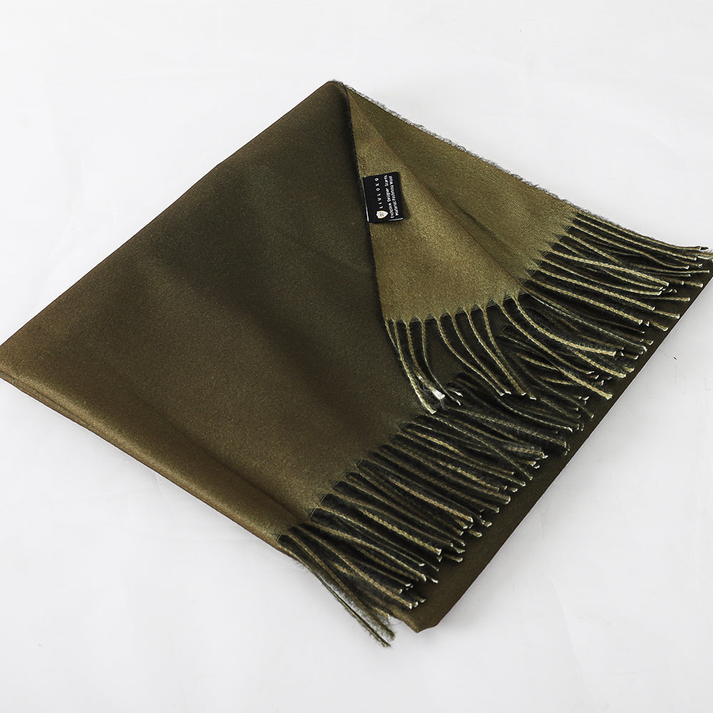 Black and Green Pashmina Shawl, folded beside its product tag