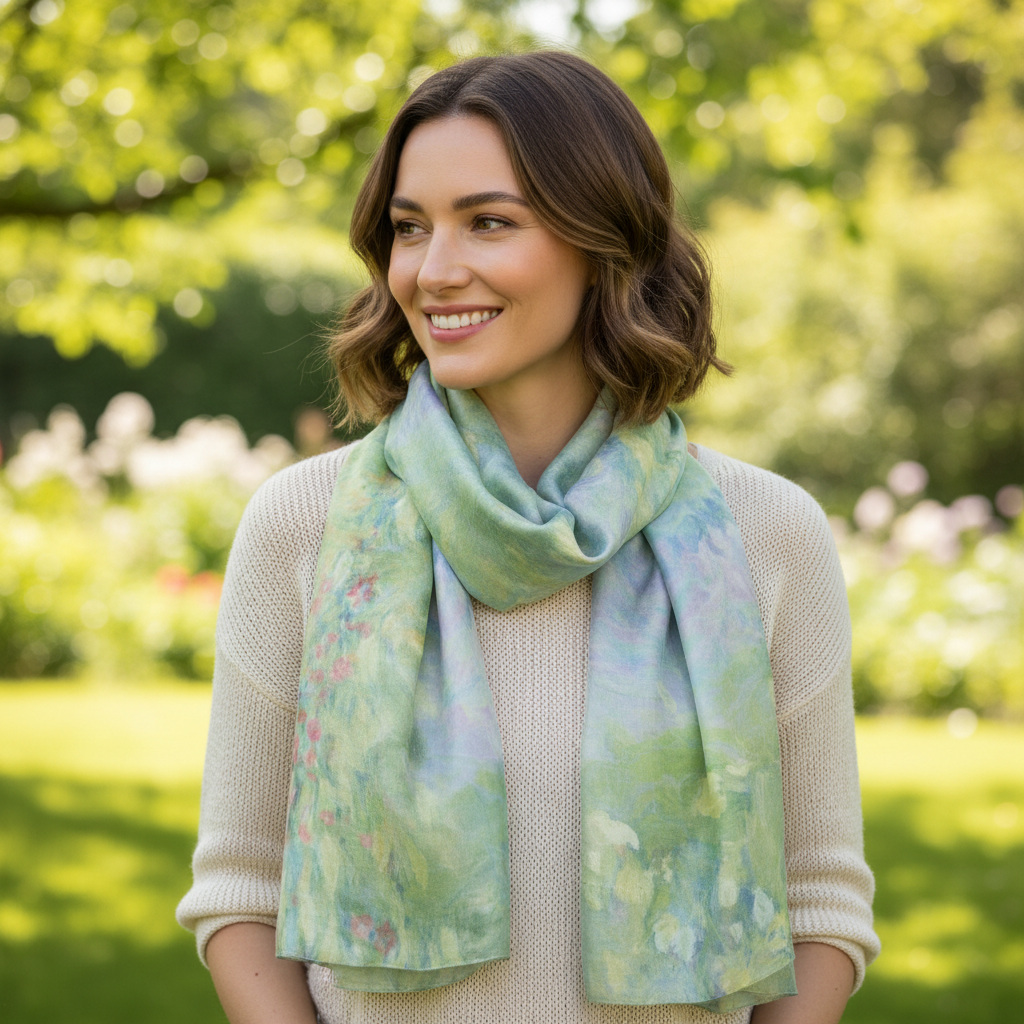 Water Lilies Printed Satin Scarf
