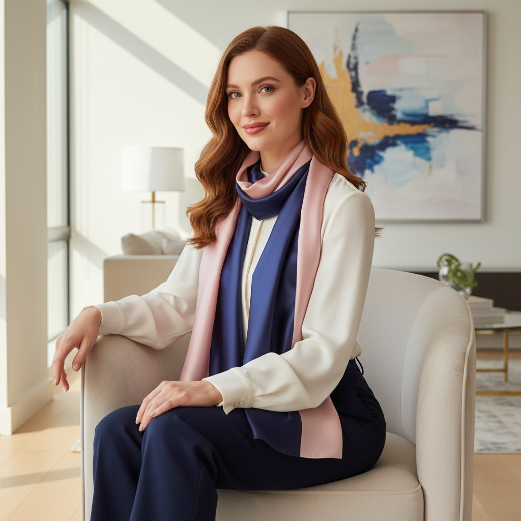 Light Pink and Navy Scarf Satin