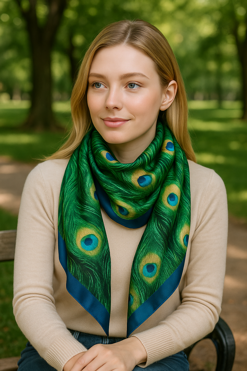 Vibrant Peacock Feather Satin Scarf