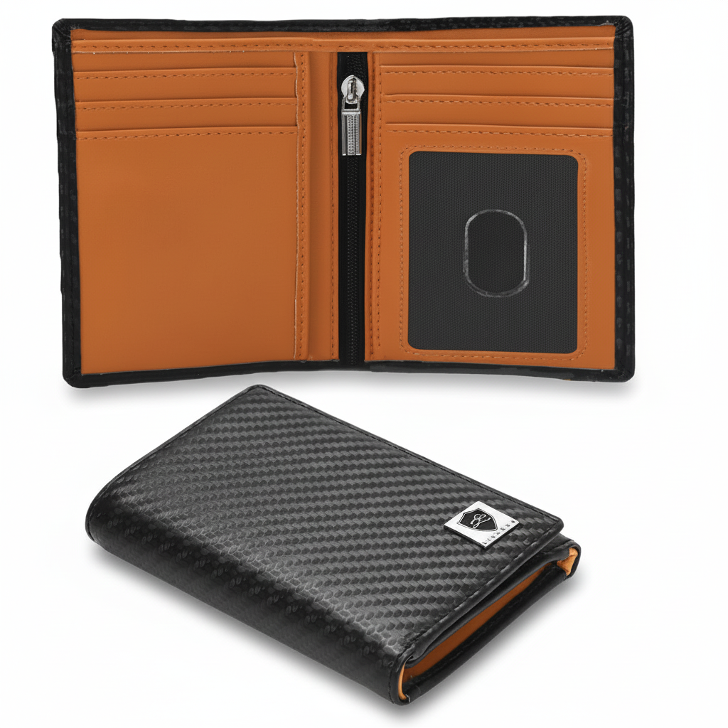 Men's Bifold Card Wallet Carbon Fibre, open and closed views