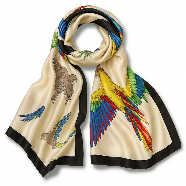 Satin Scarf with Colourful Parrot Print