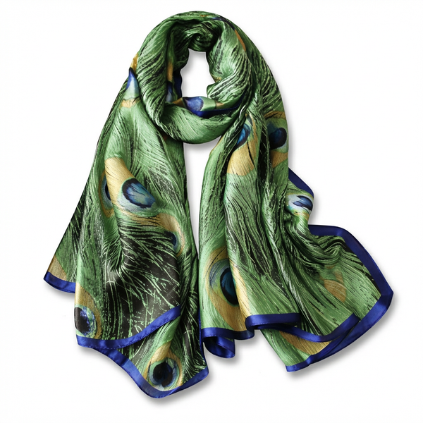 Vibrant Peacock Feather Satin Scarf