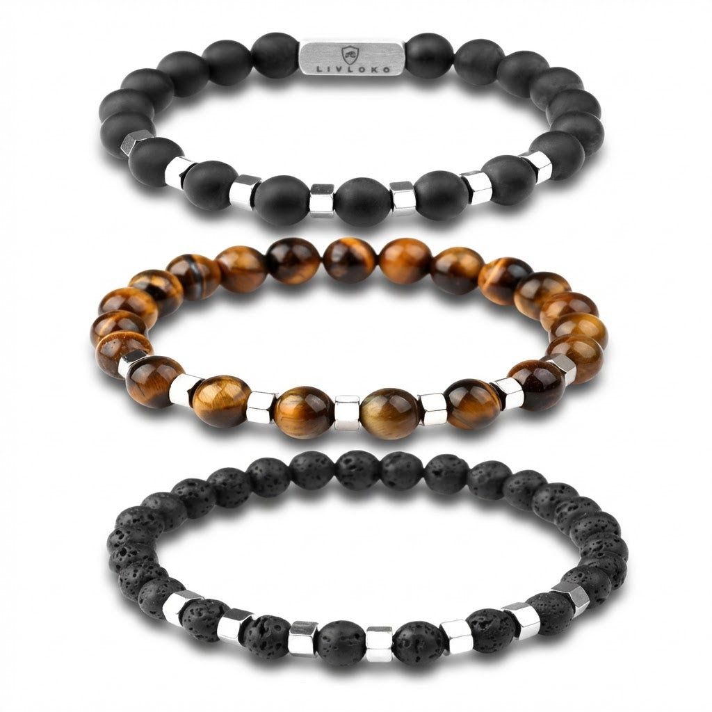 Tiger Eye Lava Rock and Agate Stacked Beaded Bracelet product image