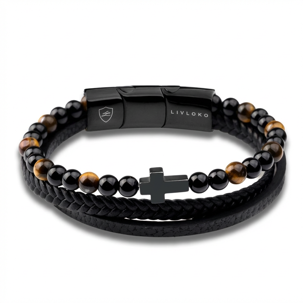 Black Leather Bracelet for Men with Cross product image