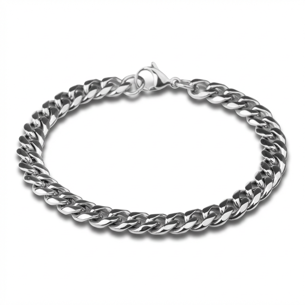 Men’s silver stainless steel chain bracelet with polished interlocking links on white background