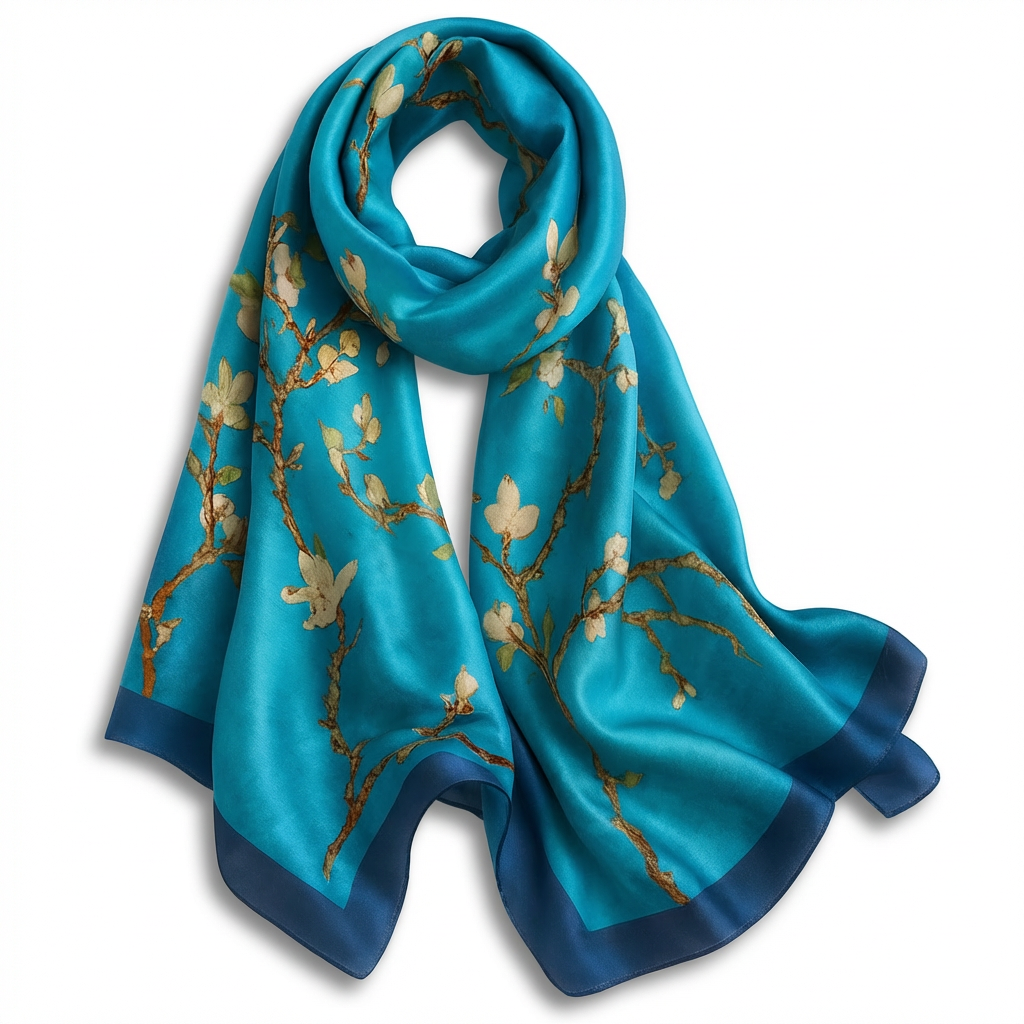 Almond Blossom Light Blue Satin Scarf