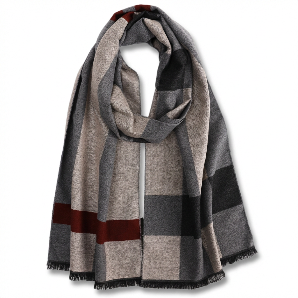 Men's Checked Wool Scarf Grey Red grey wool product image