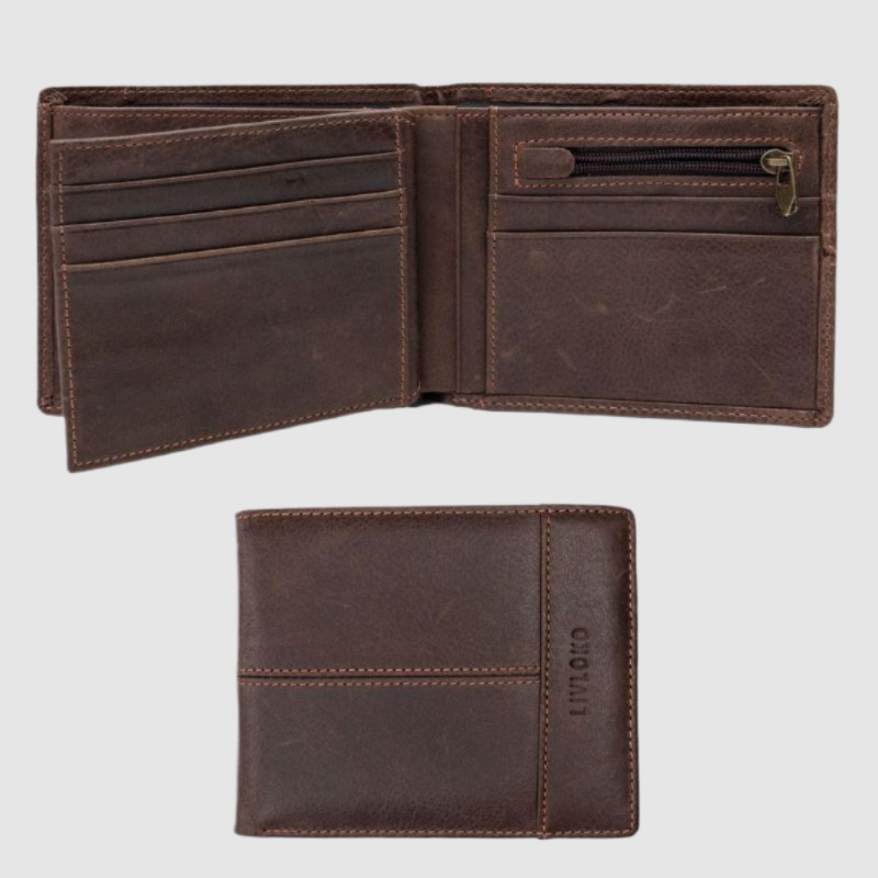 Brown Leather Mens Wallet with Coin Pocket, open and closed views