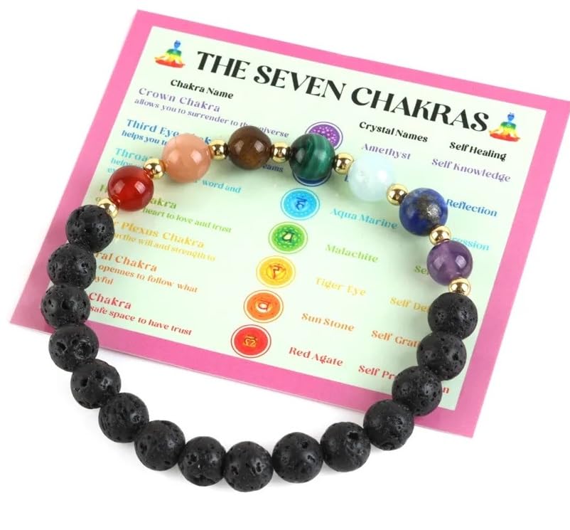 Black lava stone bracelet with multicoloured chakra beads and accompanying display card