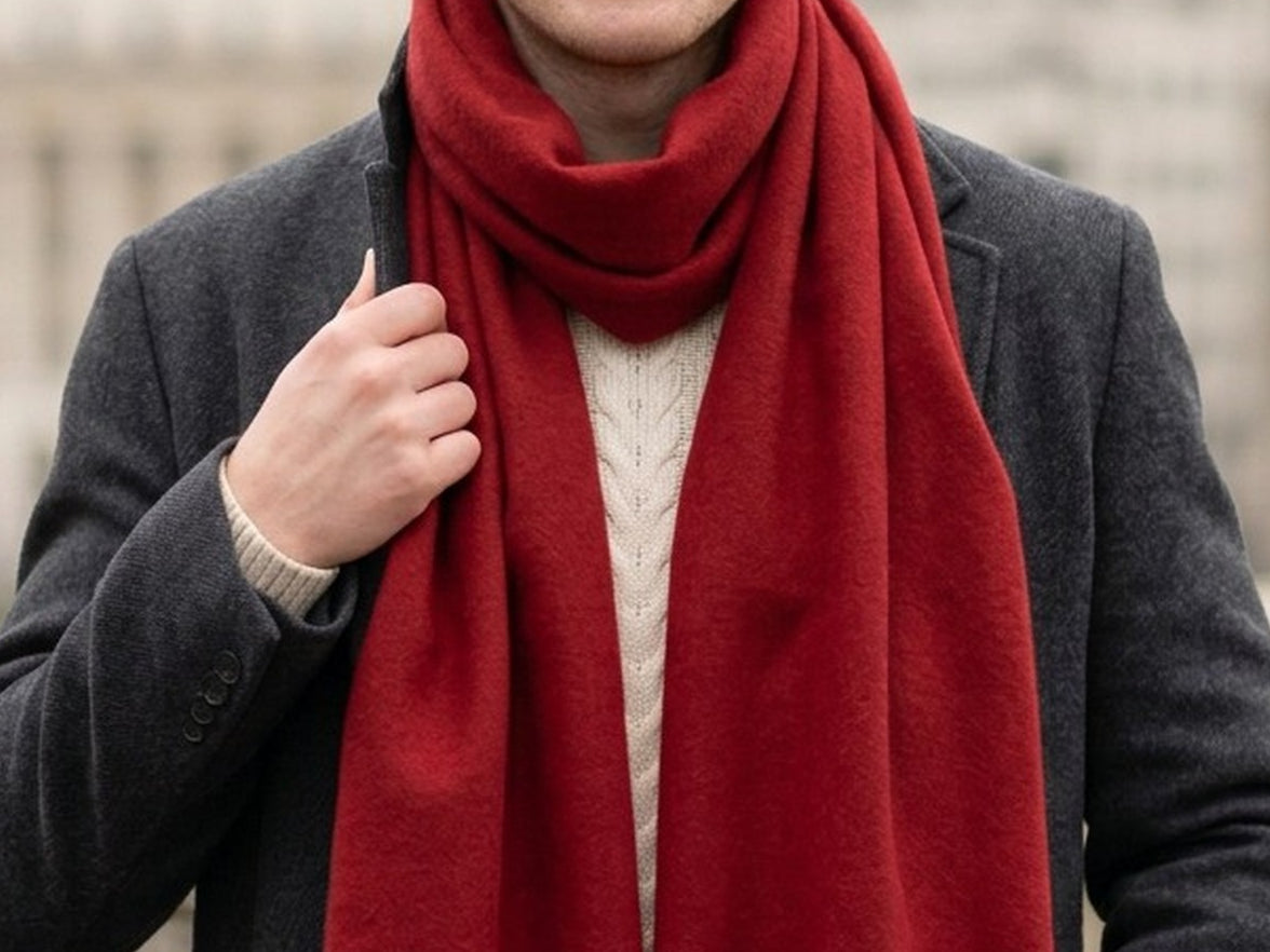 Man wearing a LIVLOKO London deep red wool scarf