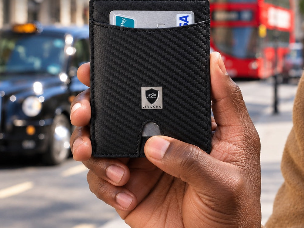 Man holding a LIVLOKO London carbon fibre card wallet in London