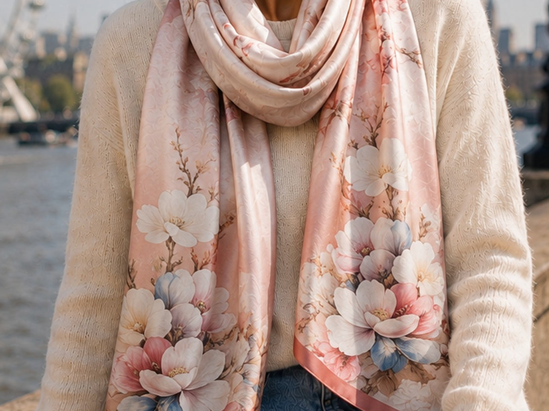 Woman wearing a LIVLOKO London pink floral mulberry silk scarf