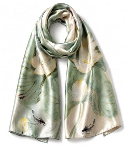 Sage Green Blossom Mulberry Silk Scarf, 55 × 175 cm