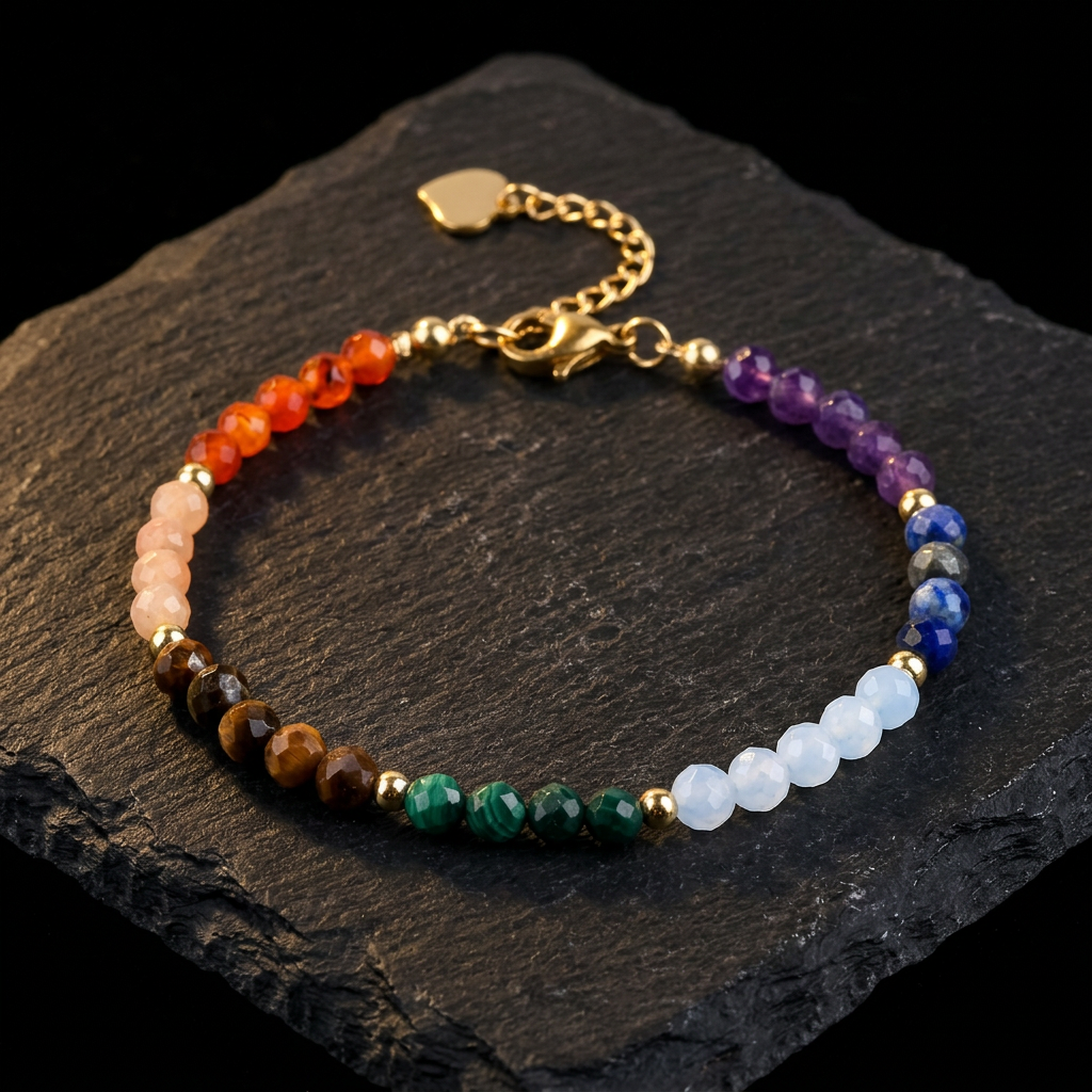 Women's 18K gold plated tourmaline crystal bracelet with small multicoloured beads, clasp and extension chain, Livloko