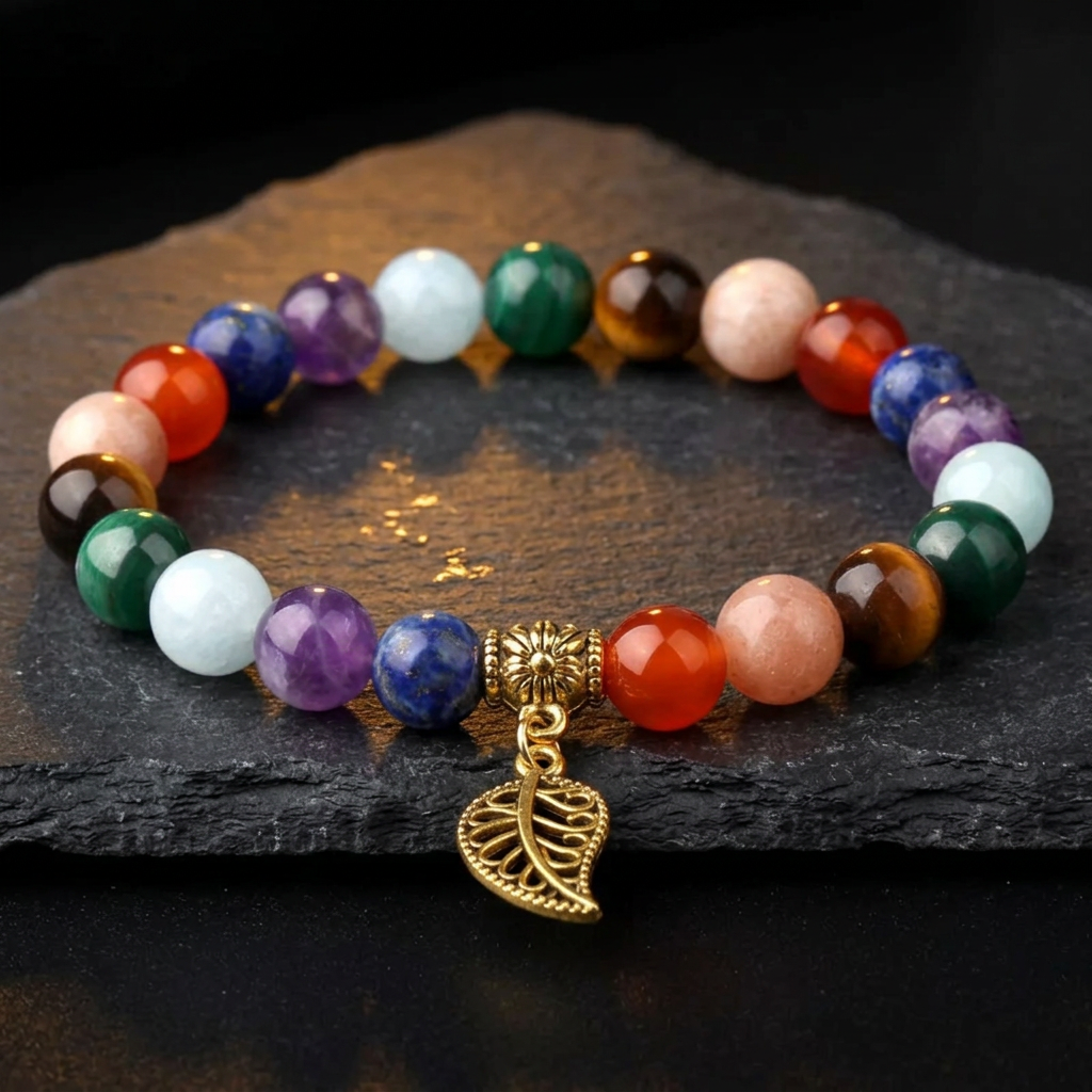 7 chakra bracelet with gold plated leaf charm, multicoloured stone bead stretch bracelet for women by Livloko London