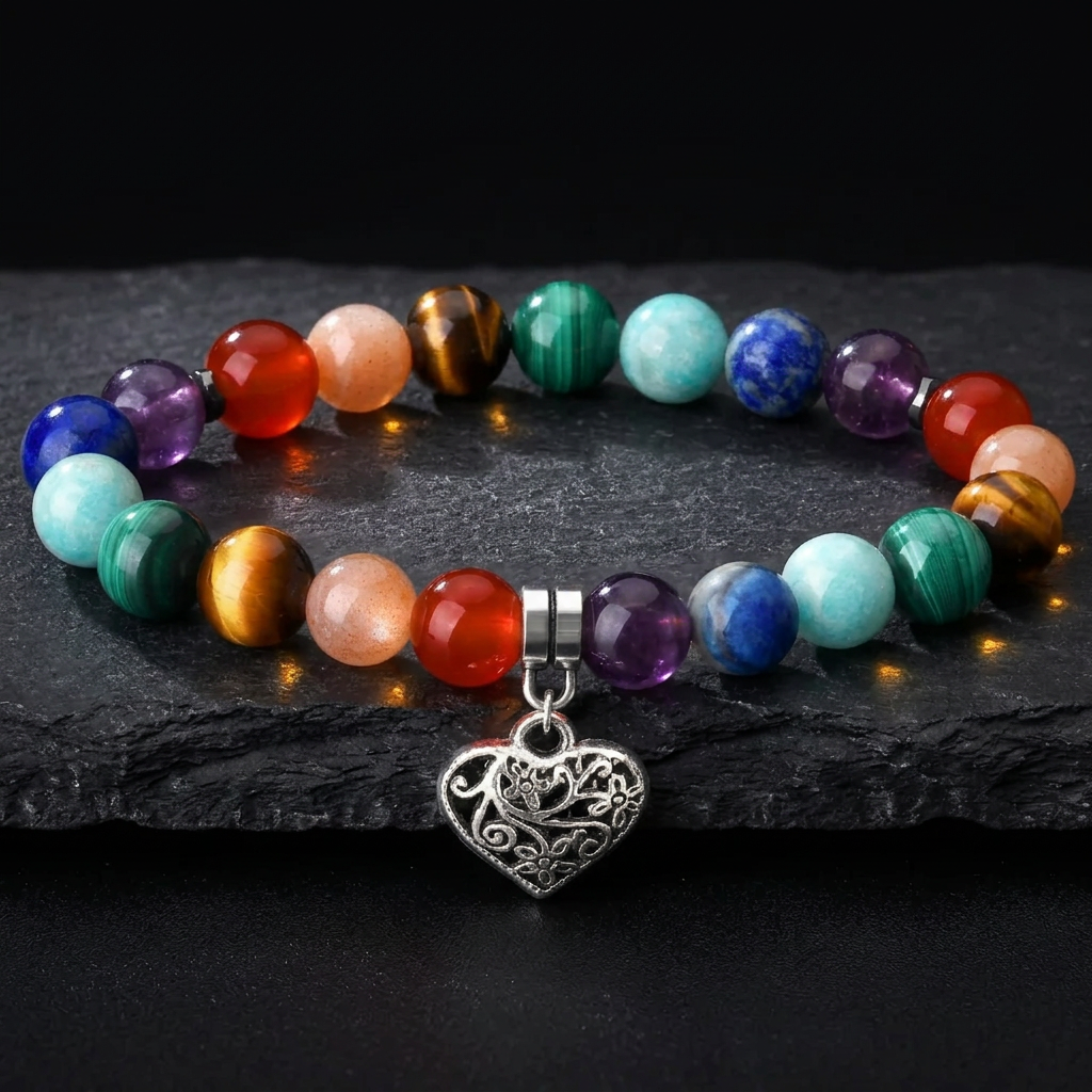 7 chakra bracelet with heart pendant for women, multicoloured stone bead bracelet by Livloko London