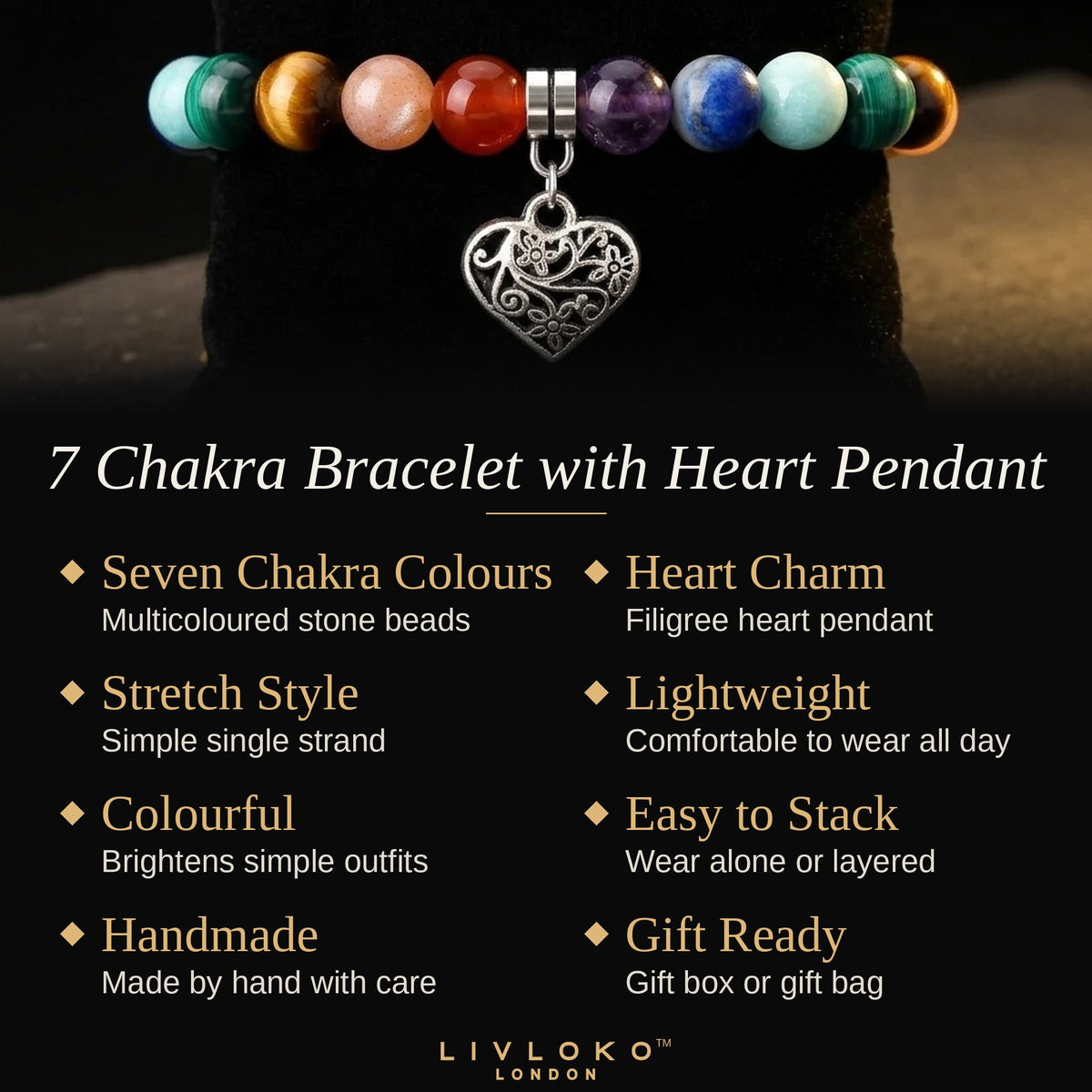 Key features of the Livloko London 7 chakra bracelet with heart pendant: seven chakra colours, heart charm, gift ready
