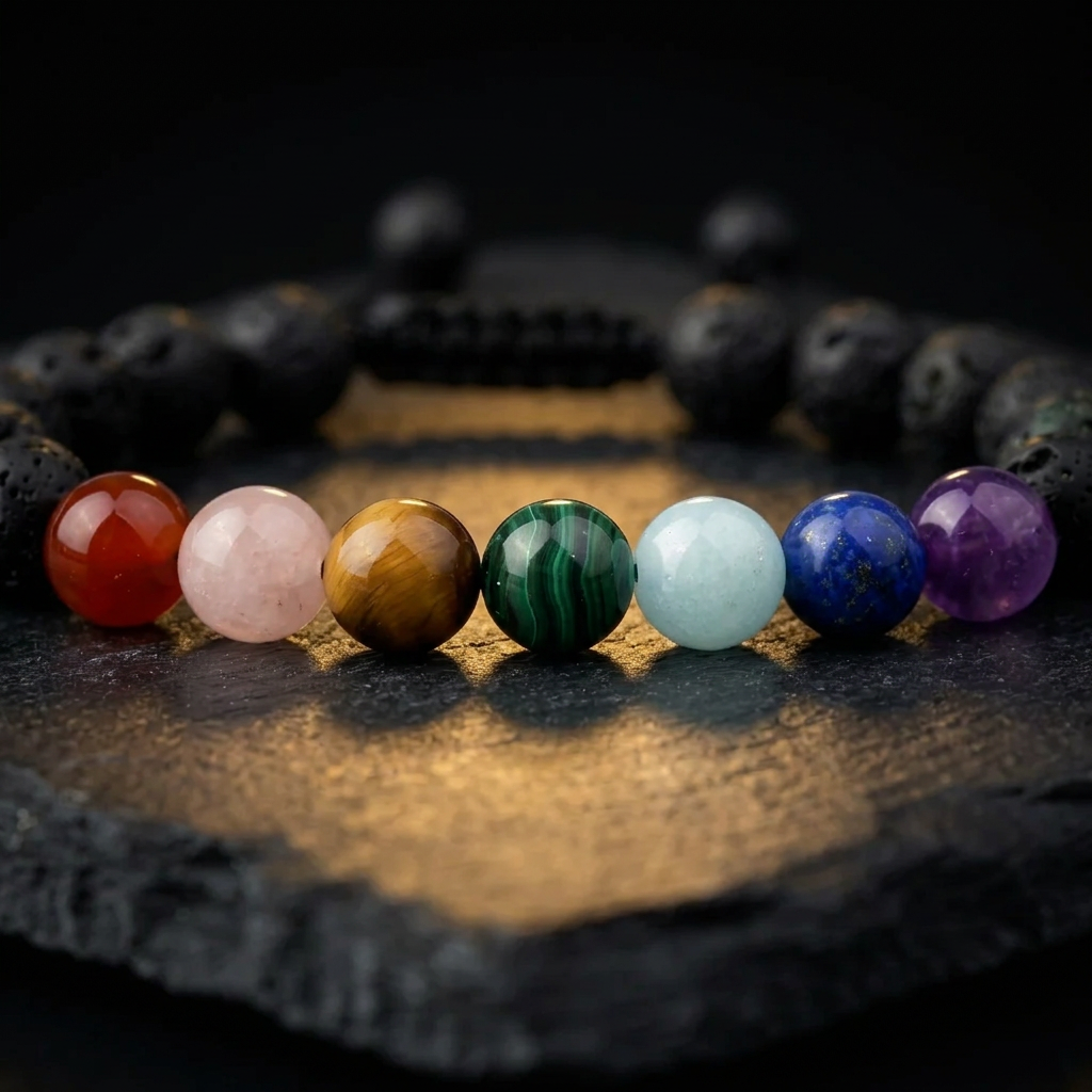 Close-up of the seven chakra colour stone beads and black lava stone on the Livloko London couple bracelet