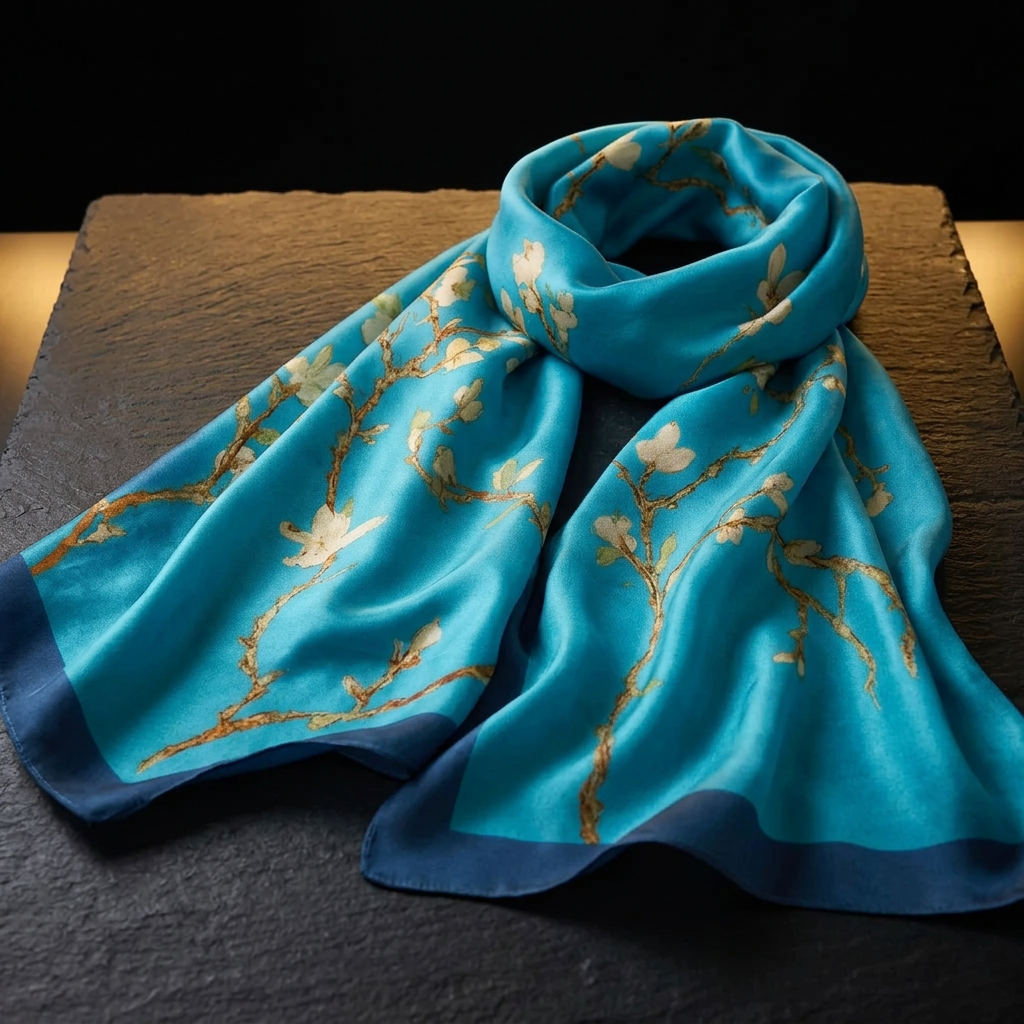 Almond Blossom light blue satin scarf for women, laid flat on dark slate