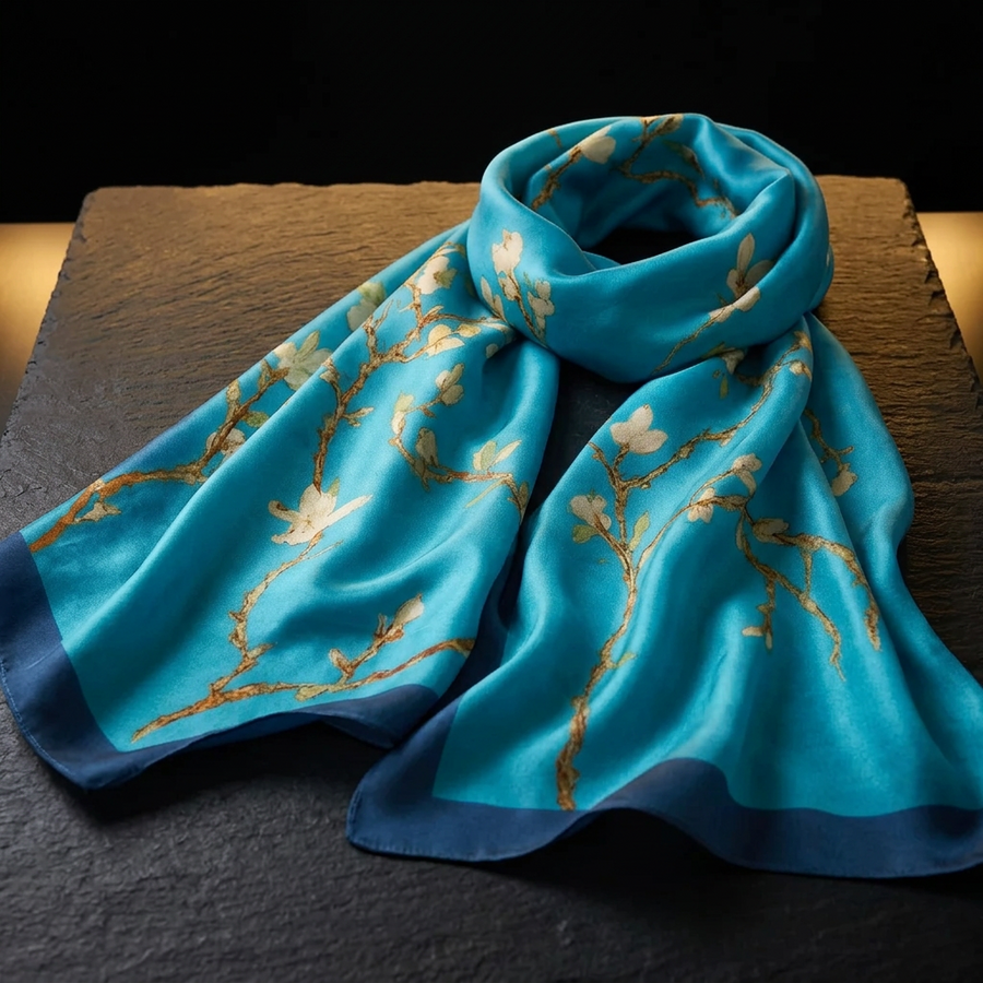 Almond Blossom Light Blue Satin Scarf for Women, 180 × 70 cm