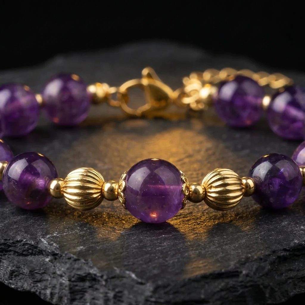 Close-up of purple amethyst beads and ribbed gold plated beads on the Livloko London bracelet