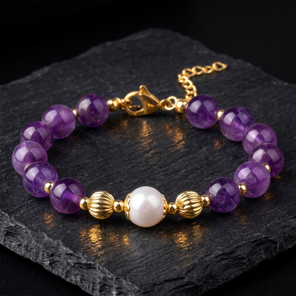 Women's amethyst and freshwater pearl bracelet with 18ct gold plated beads and clasp by Livloko London