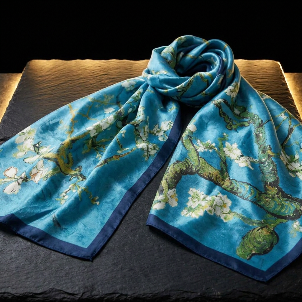 Azure Blossom blue floral mulberry silk scarf with navy border, laid flat on dark slate