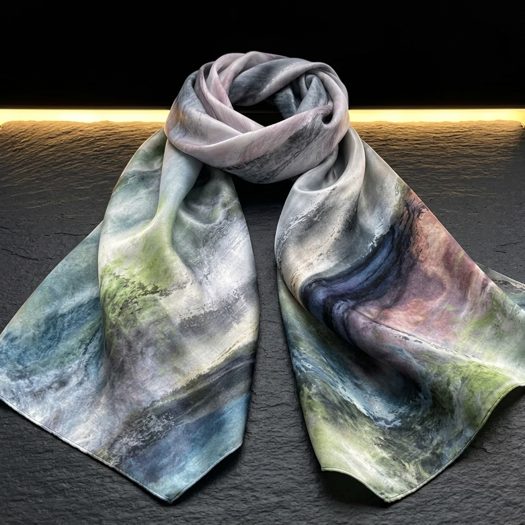 Ballet at the Paris Opéra art print satin scarf in soft grey, green and pink, laid flat on dark slate