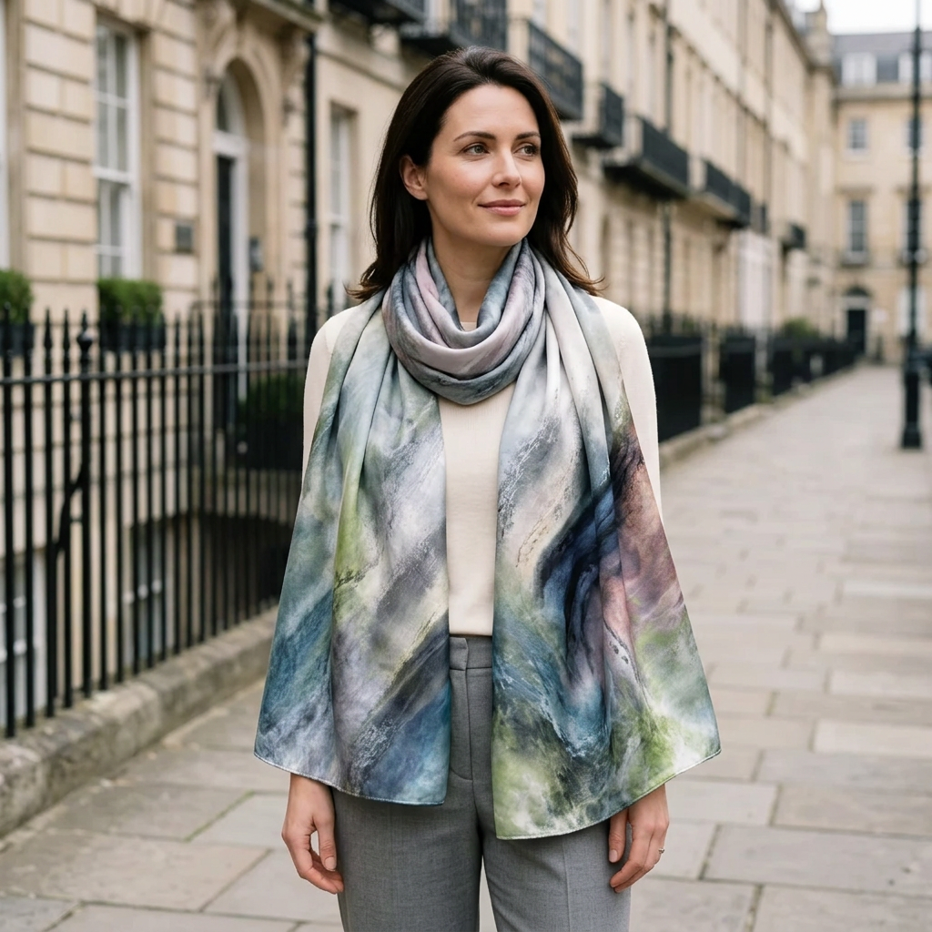 Woman wearing the Ballet at the Paris Opéra art print satin scarf on a London street