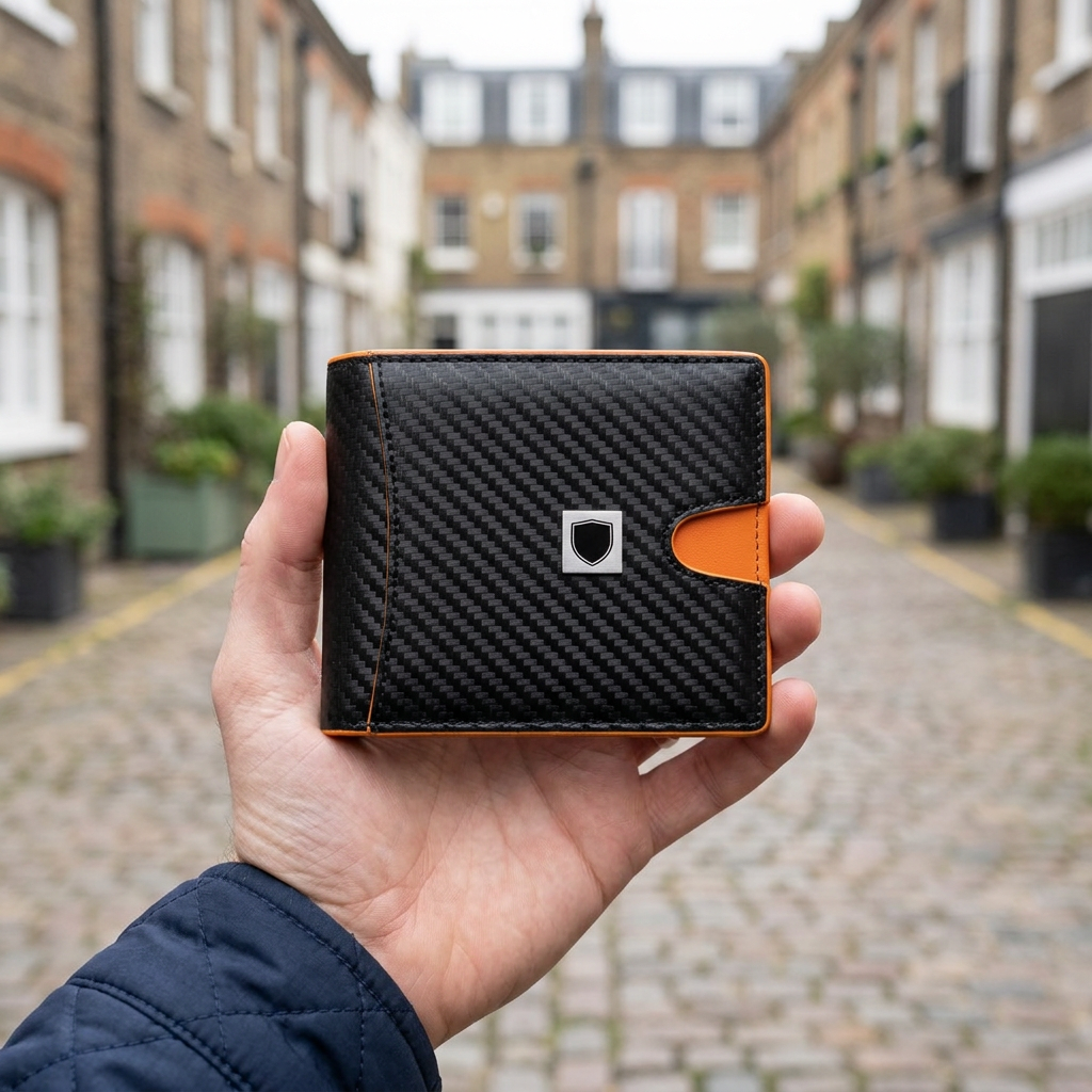 Man holding the LIVLOKO London carbon fibre RFID bifold wallet with orange lining, London mews