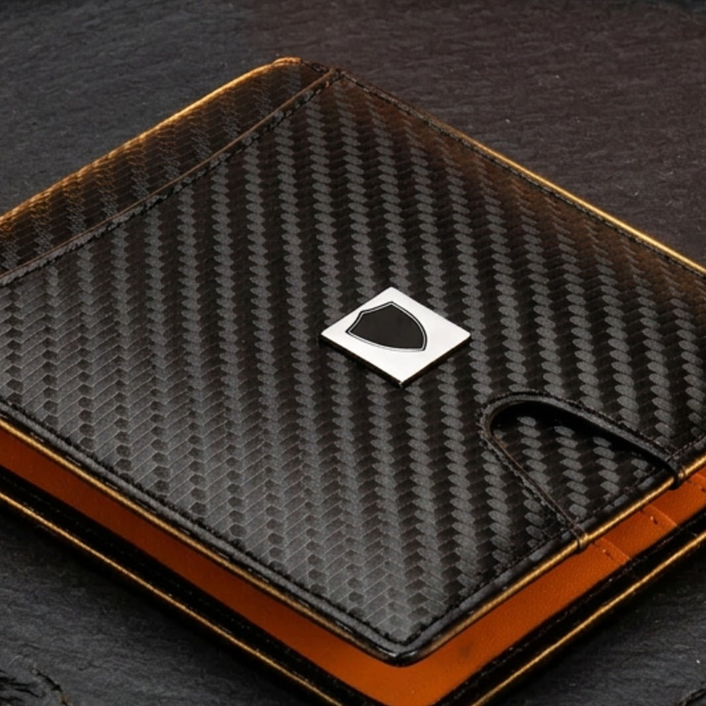 Close-up of the LIVLOKO London carbon fibre RFID bifold wallet with orange lining showing the LIVLOKO badge