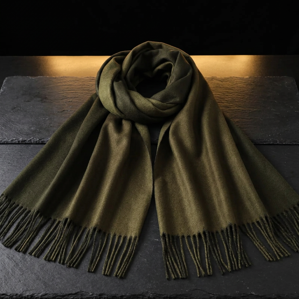 Black and green pashmina shawl in dark olive with tassel fringe, laid flat on dark slate