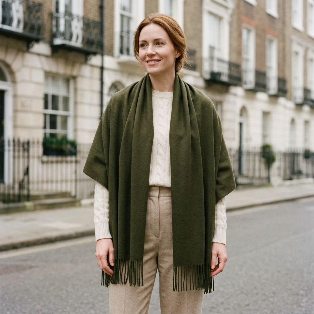 Woman wearing the black and green pashmina shawl over her shoulders on a London street