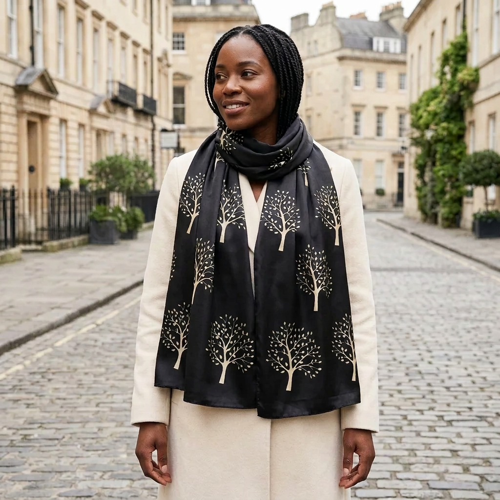Woman wearing the LIVLOKO London black and gold mulberry tree print satin scarf in London