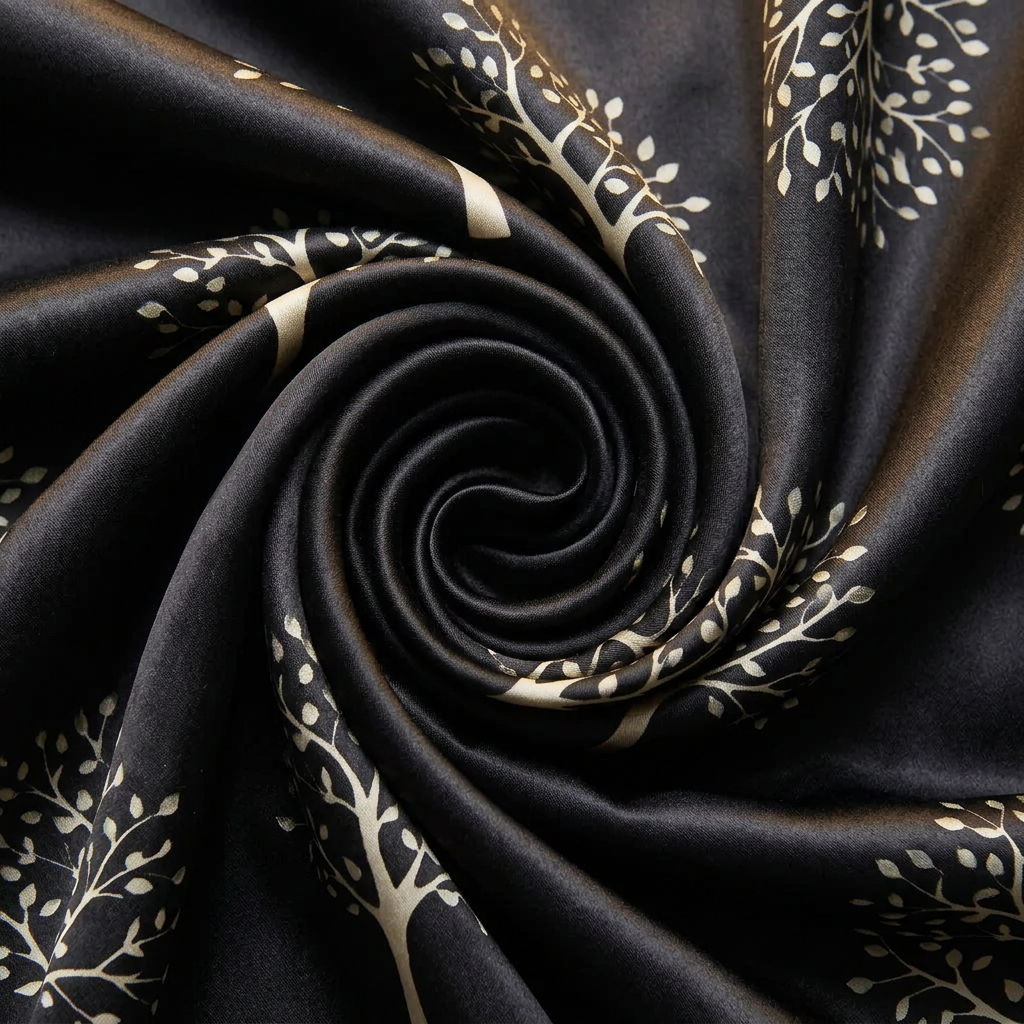 Close-up of the Livloko London black and gold mulberry tree print satin scarf showing the print and satin sheen