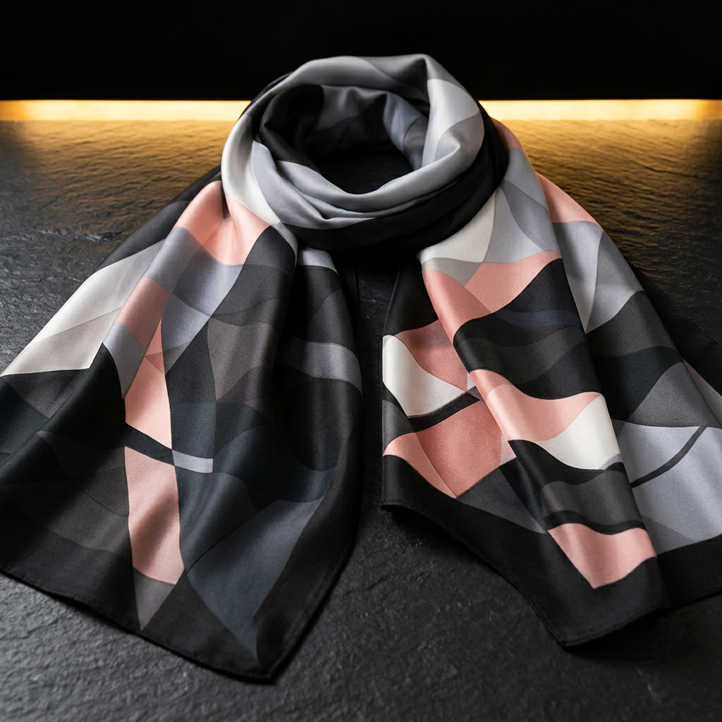 Black, gold and pink geometric print satin scarf for women, laid flat on dark slate