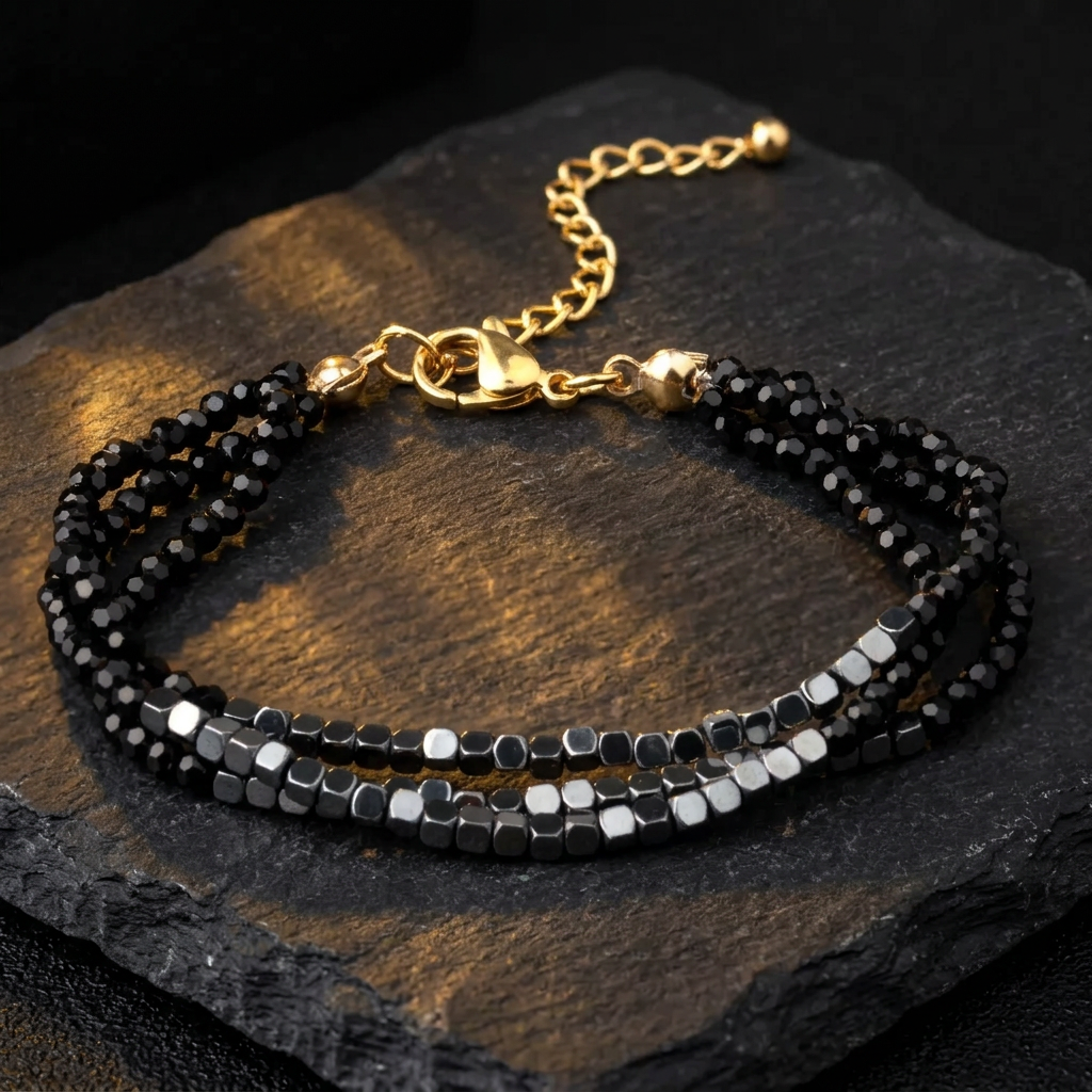 Women's black hematite crystal multi-strand bracelet with gold-tone clasp and extension chain by Livloko London