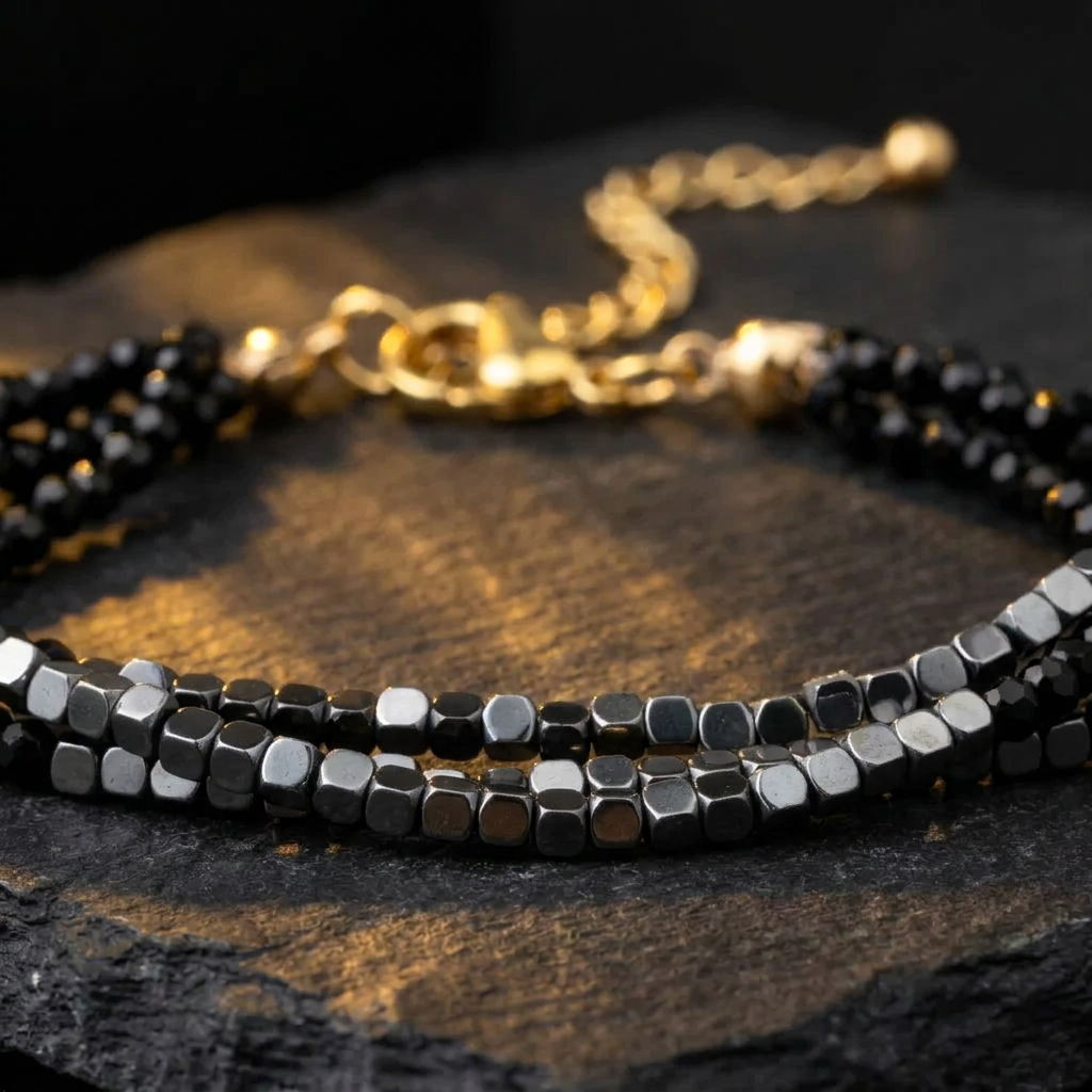 Close-up of faceted black hematite beads and gold-tone clasp on the Livloko London multi-strand bracelet