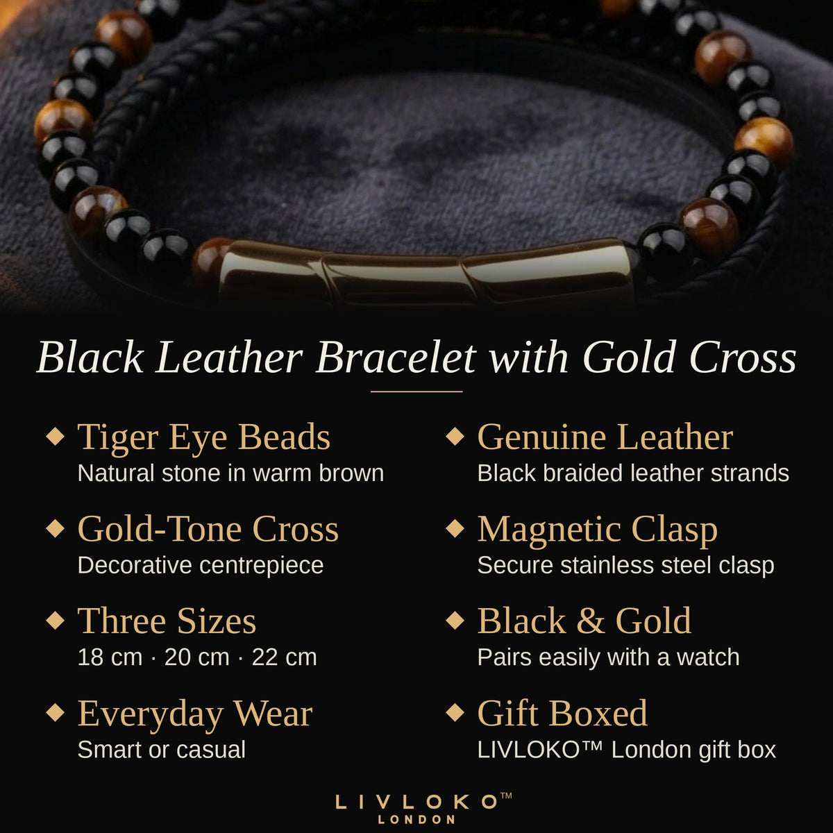 Features of the men's leather and gold cross bracelet: tiger eye beads, genuine leather, magnetic clasp, gift boxed