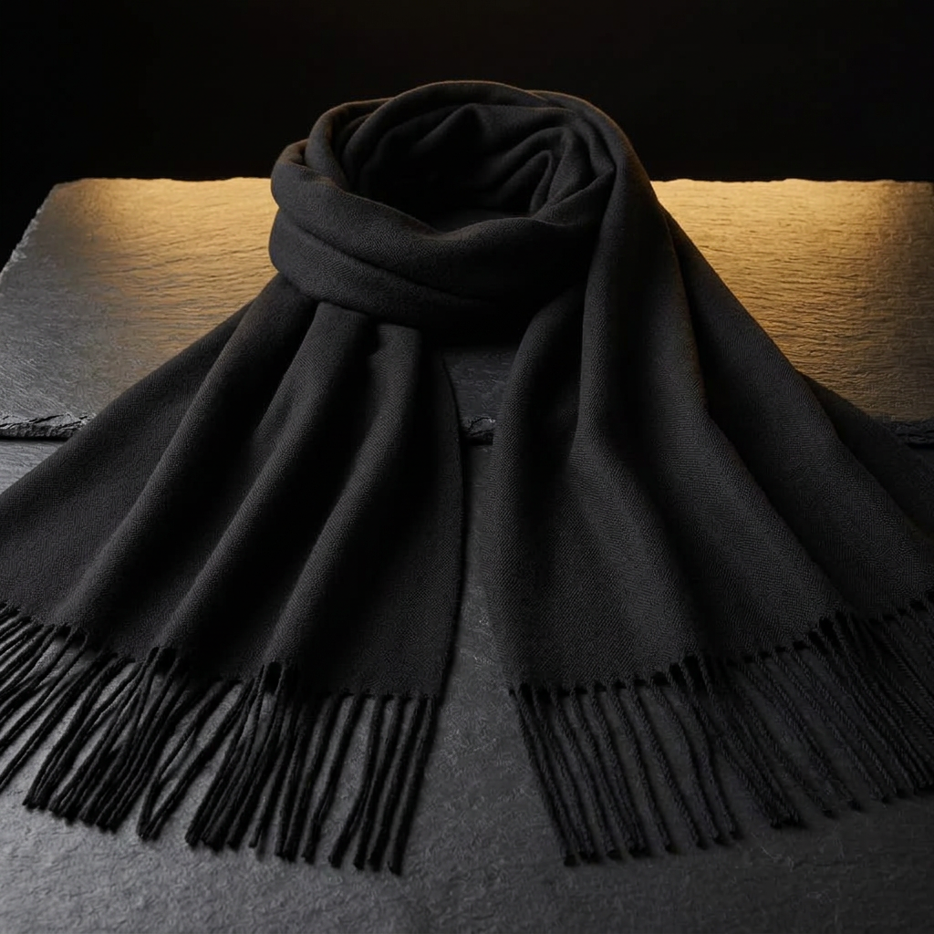 Black pashmina scarf and wedding shawl with fringed ends, laid flat on dark slate
