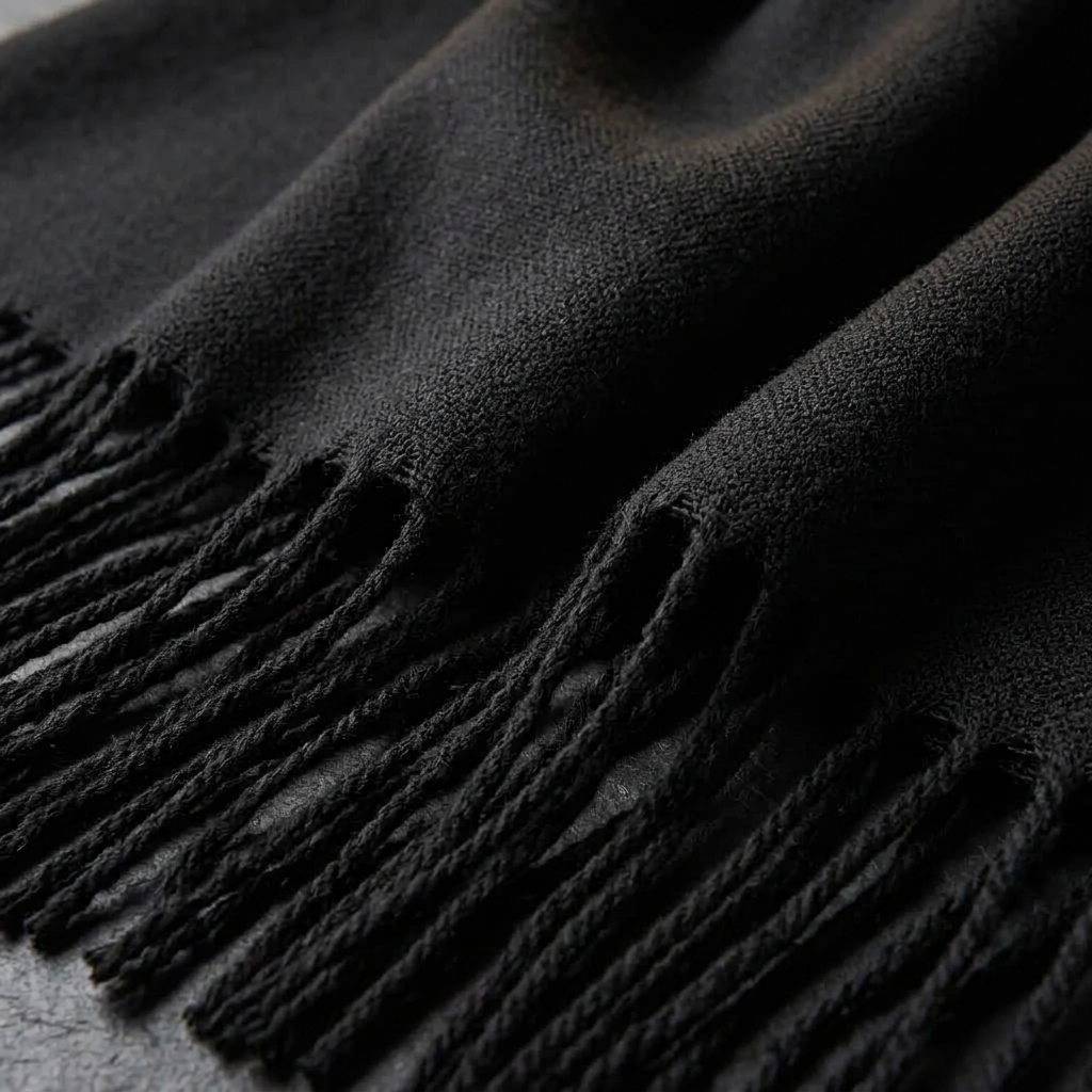 Close-up of the black pashmina scarf showing the soft woven texture and tassel fringe