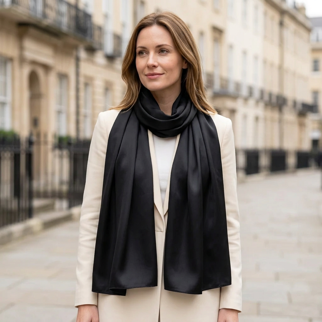 Woman wearing the long black satin scarf over a cream blazer on a London street