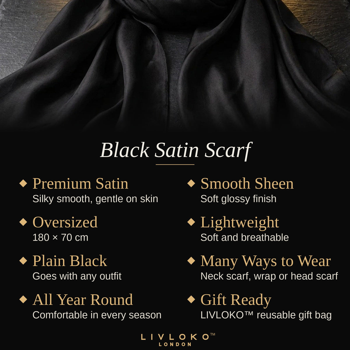 Key features of the plain black satin scarf: premium satin, 180 × 70 cm, lightweight, many ways to wear