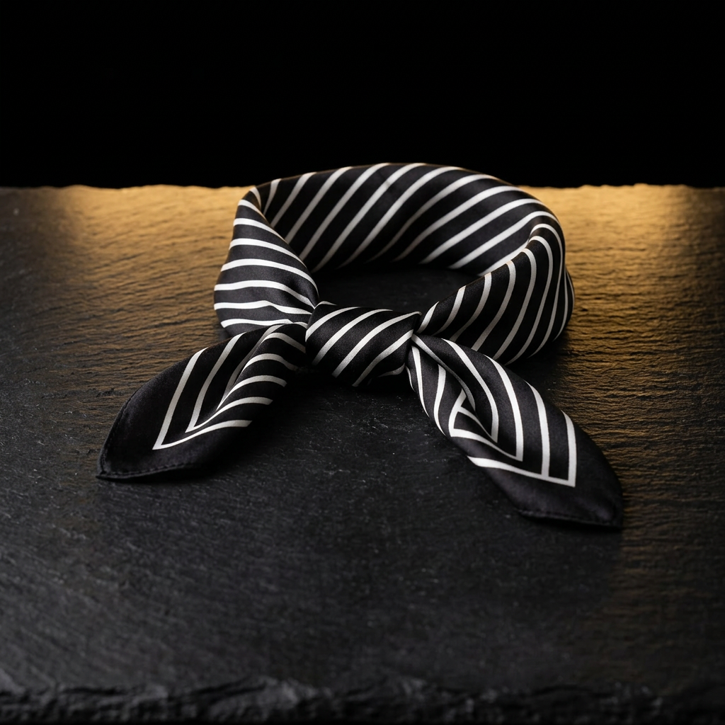 Black and white striped silk bandana scarf tied as a neckerchief on dark slate