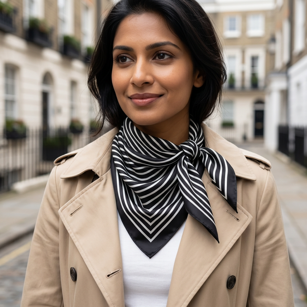 Woman wearing the black and white striped silk bandana scarf tied at the neck over a trench coat in London