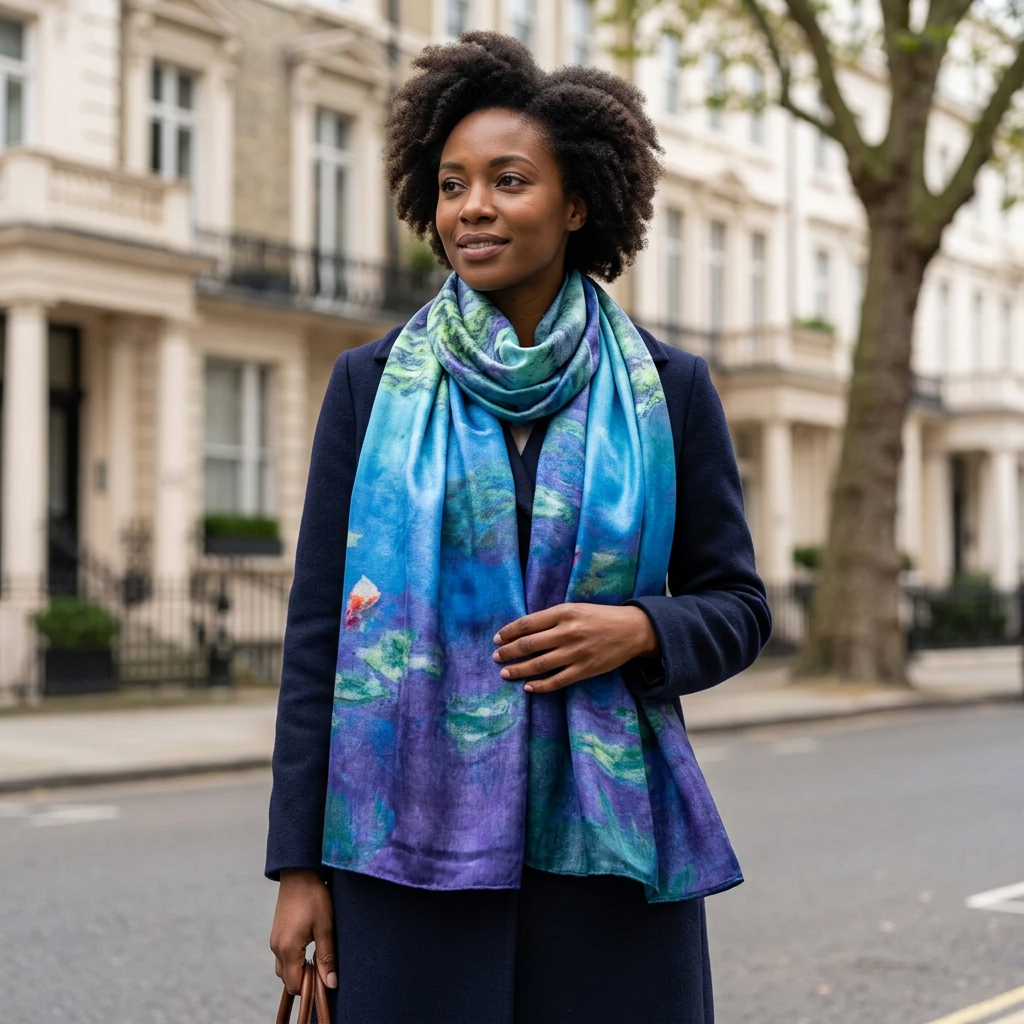 Woman in a navy coat wearing the blue and green printed satin scarf long at the neck on a London street